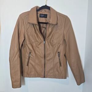 SPYM Faux Leather Light Brown Jacket Size M Full Zip Zipper Pockets Stretch
